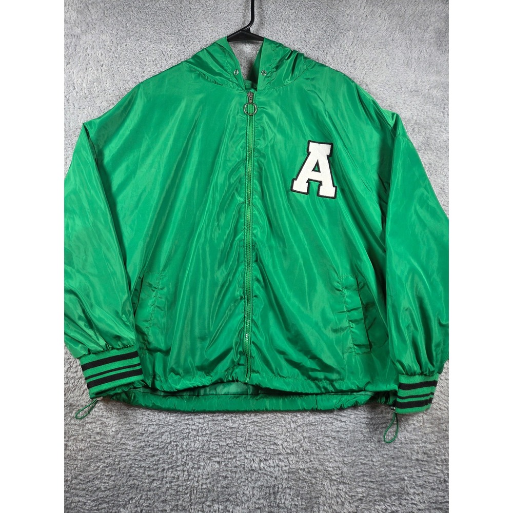 Unbranded Windbreaker Jacket XL Green Mens Varsity Letterman Patch Hooded Zip